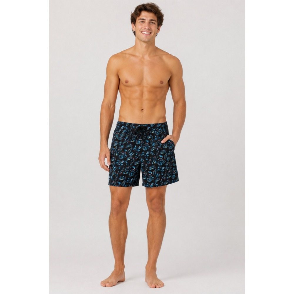 Dapper Boi Swim Shorts Mens L Black Blue‎ Polyester Tropical Batik Print Pockets